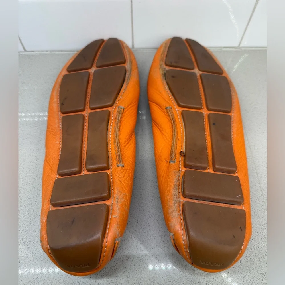 Prada Orange Leather Driving Loafers with Buckle Detail